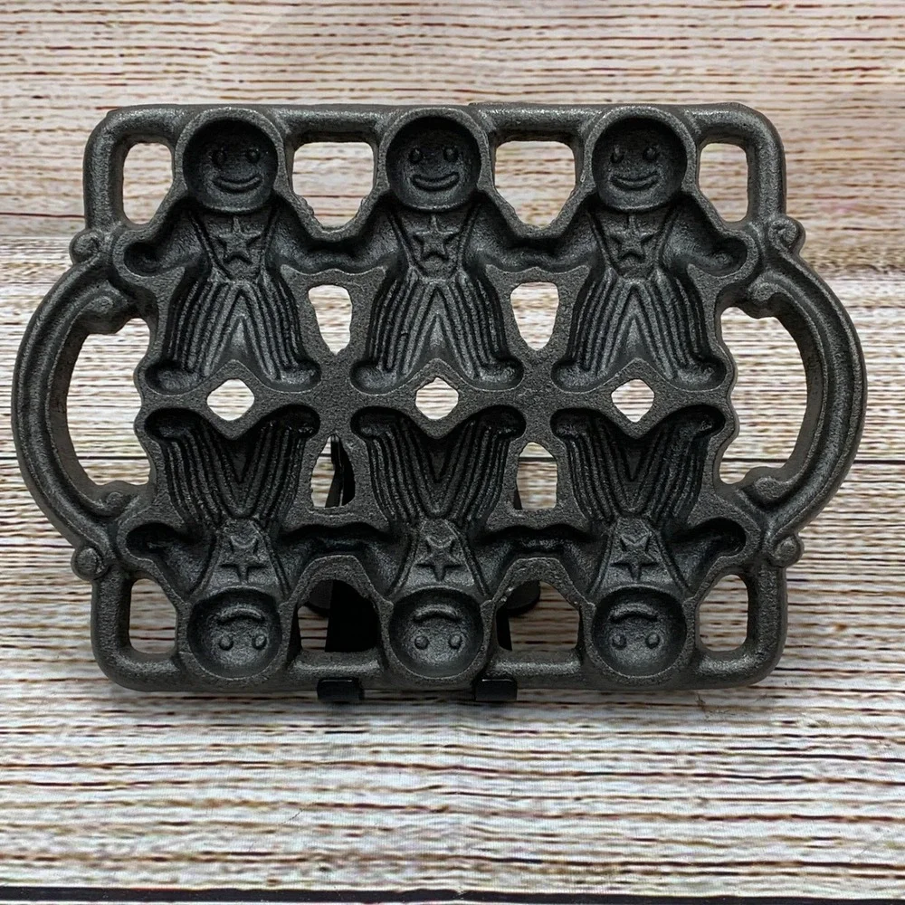 Vintage Cast Iron Gingerbread Man Mold Cake Pan 6‎ Figures Unused